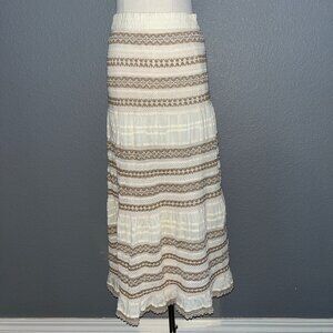CHICO'S BOHO CROCHET GAUZE TRIM SKIRT CREAM & TAUPE TIERED - EUC  3P = 16 Petite